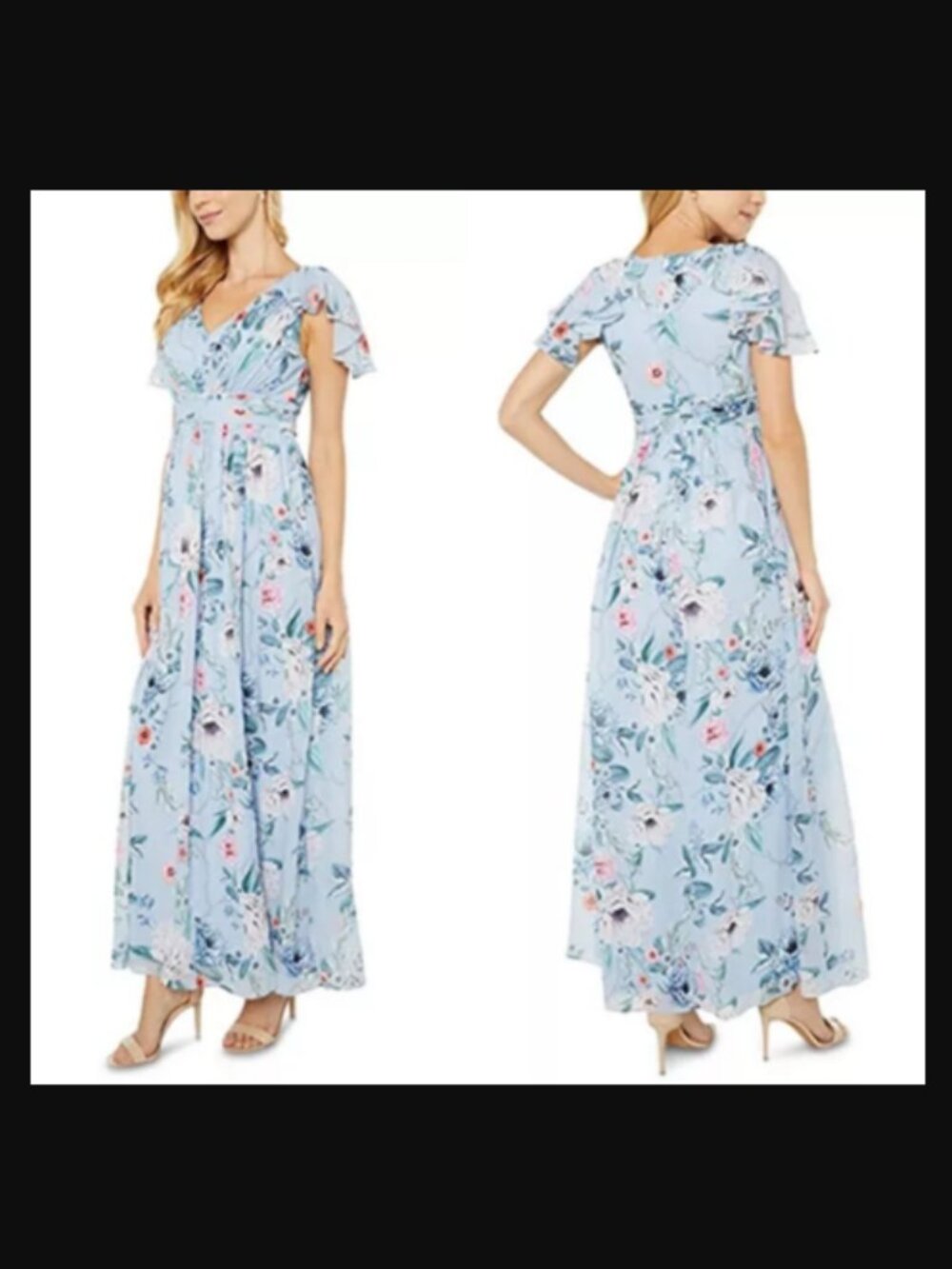 Adrianna Papell Draped Floral Chiffon Gown Shade Dusty Blue Watercolor $240.00